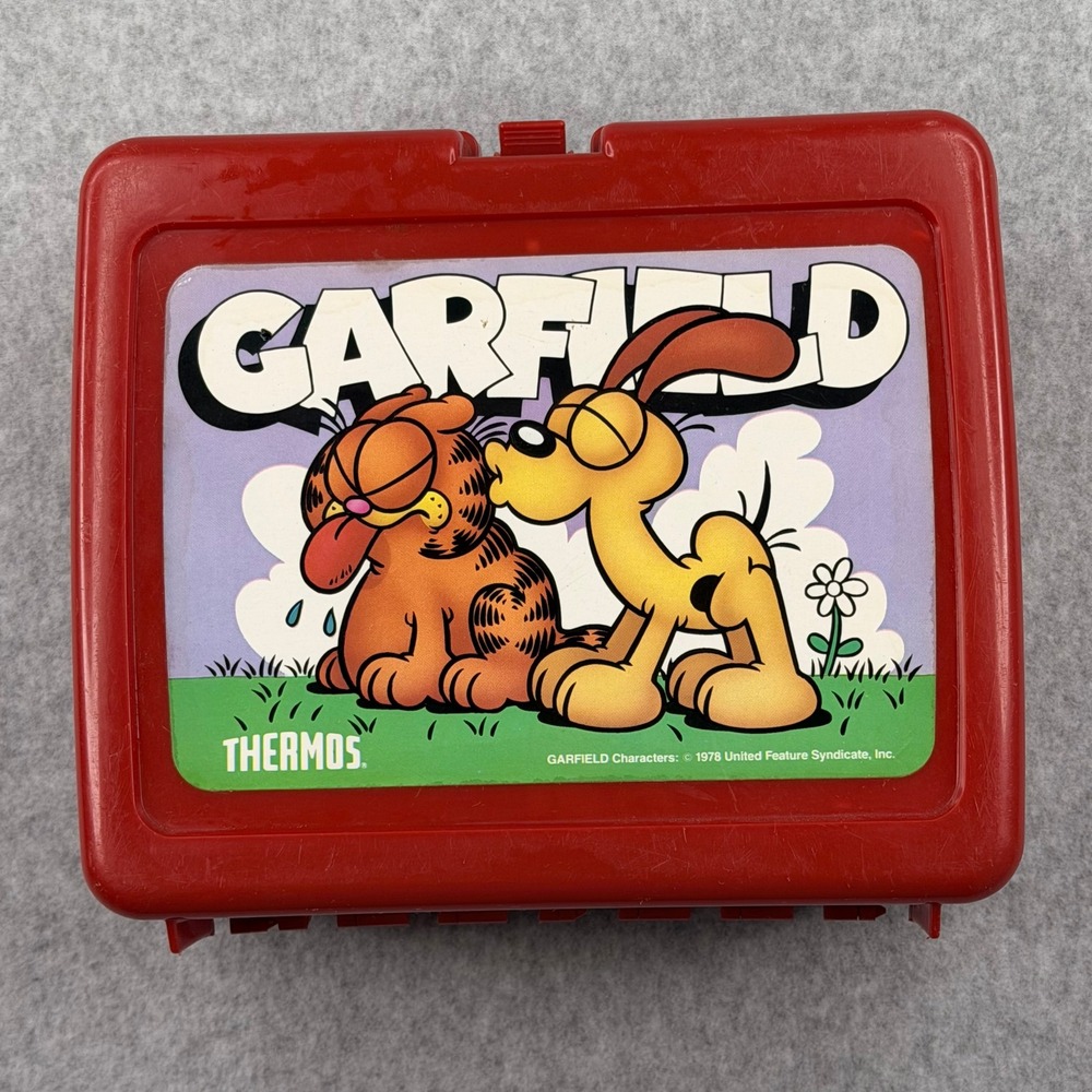 Vintage 1978 Garfield Odie Thermos Lunch Box Red Plastic with Matching Thermos